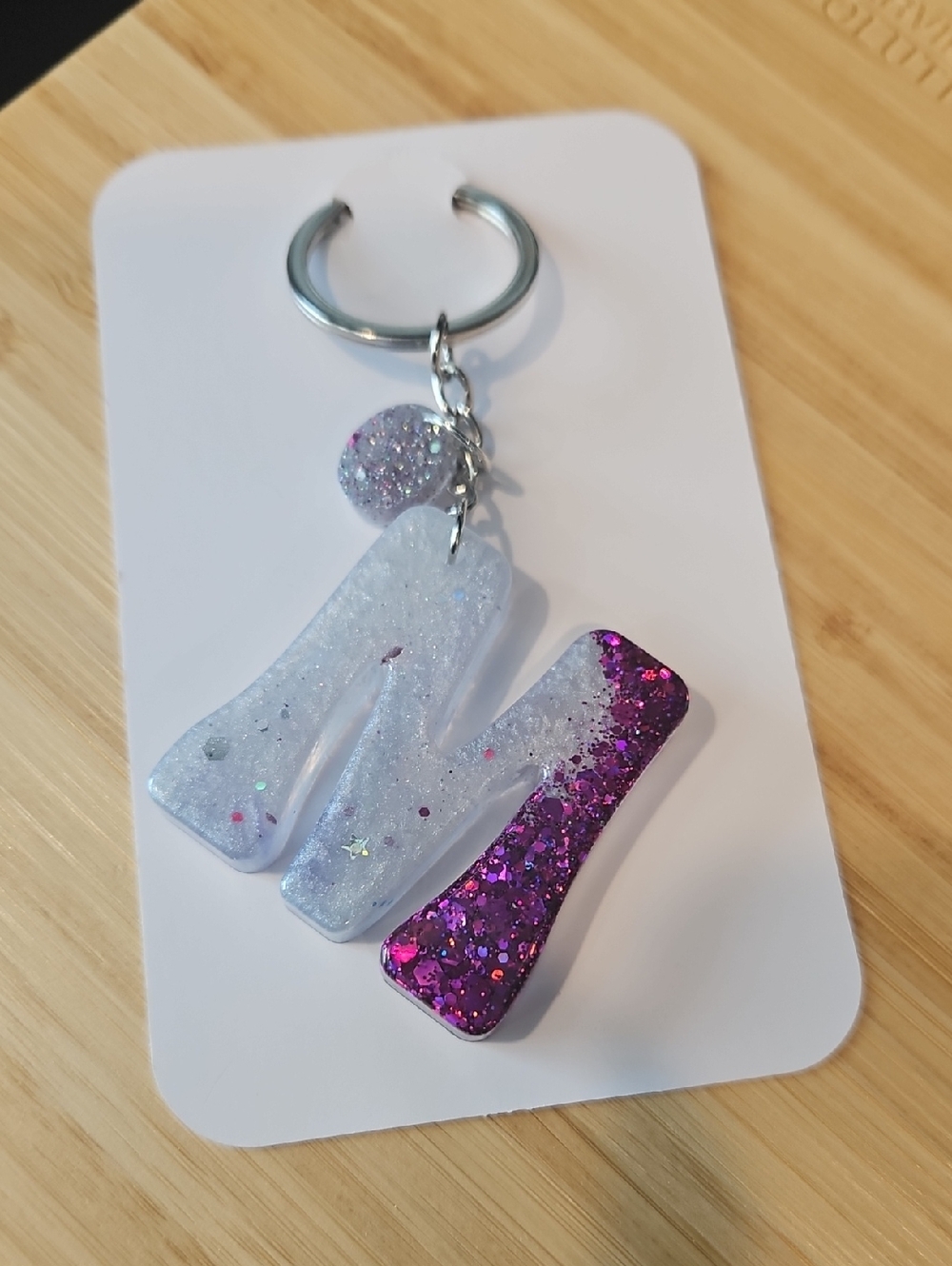 Handmade Spatkle Resin Keychain with Charm, Letter M.